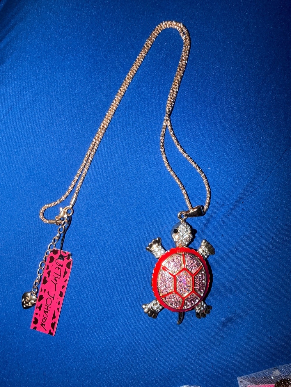 Betsey Johnson Turtle Pendant Necklace with Rhinestones and Red Enamel